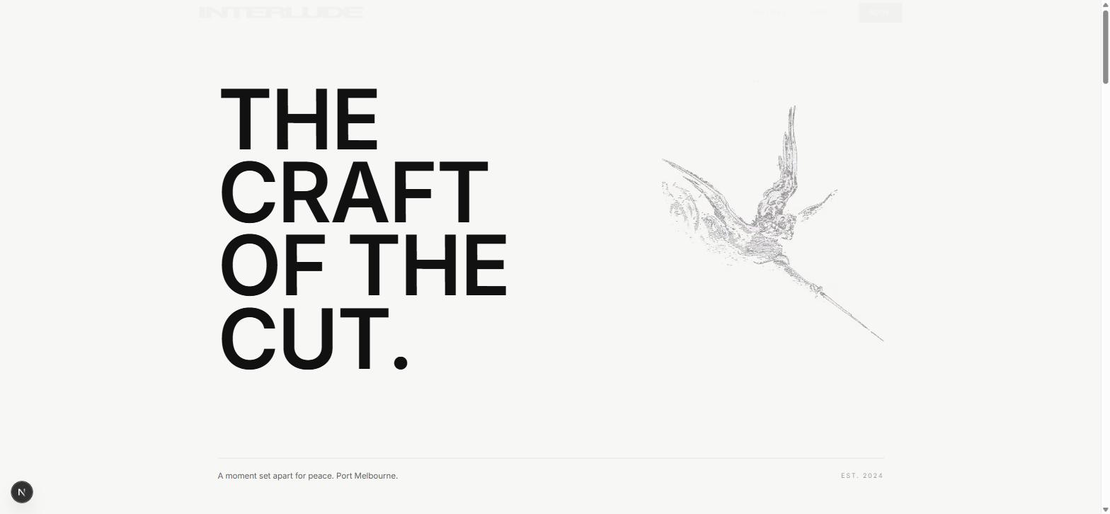 Interlude v2 'The Architecture' hero — bold condensed headline reading 'THE CRAFT OF THE CUT.' beside a fine-line etching of a bird in flight