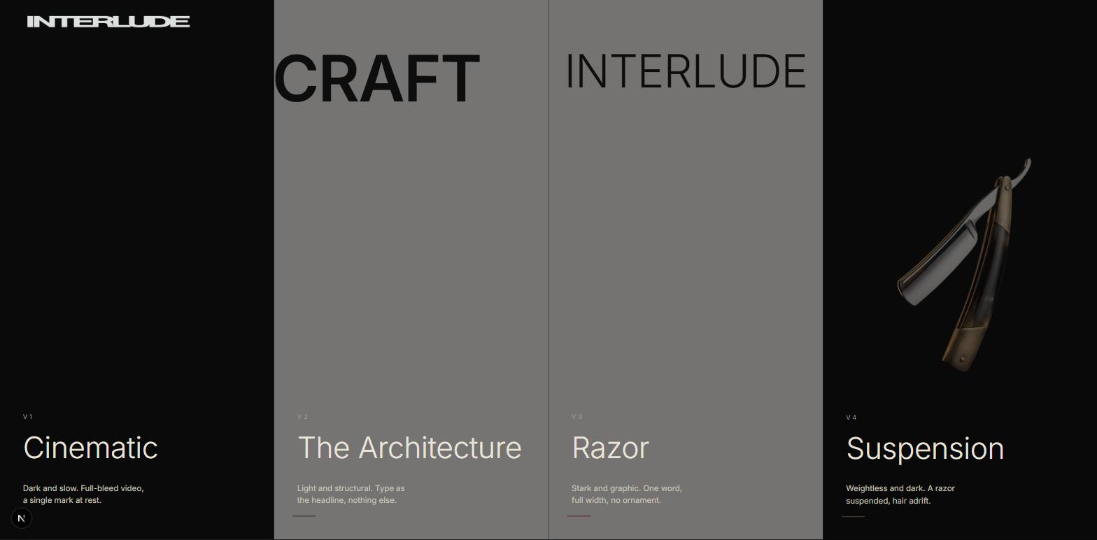 The root version-picker page showing all four homepage variants — Cinematic, The Architecture, Razor, and Suspension — side by side with their own one-line pitch