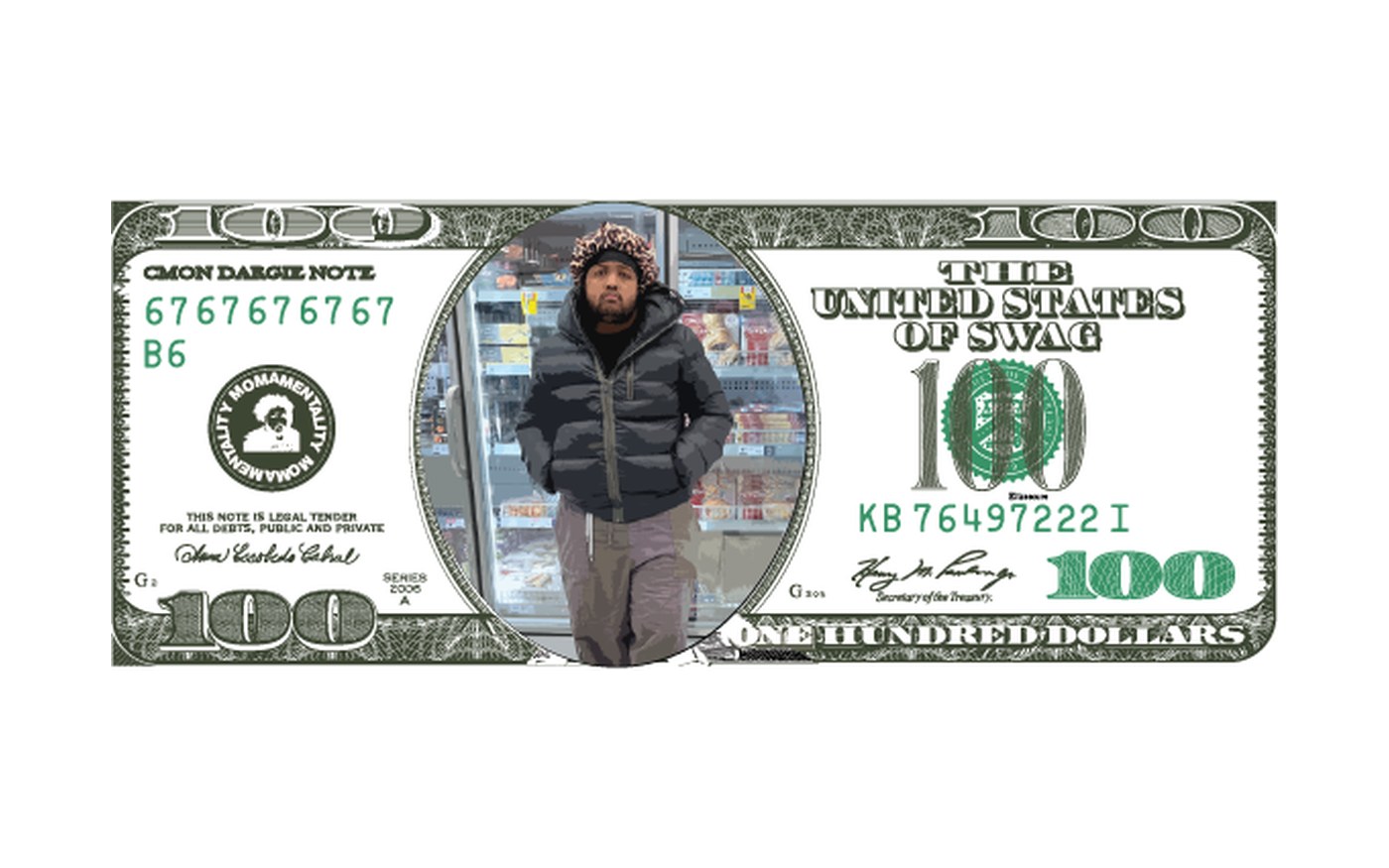 The Mahdi Bucks note — a hundred-dollar bill reading 'THE UNITED STATES OF SWAG' and 'CMON DARGIE NOTE', with a photo of Mahdi outside a shop fridge in place of the portrait
