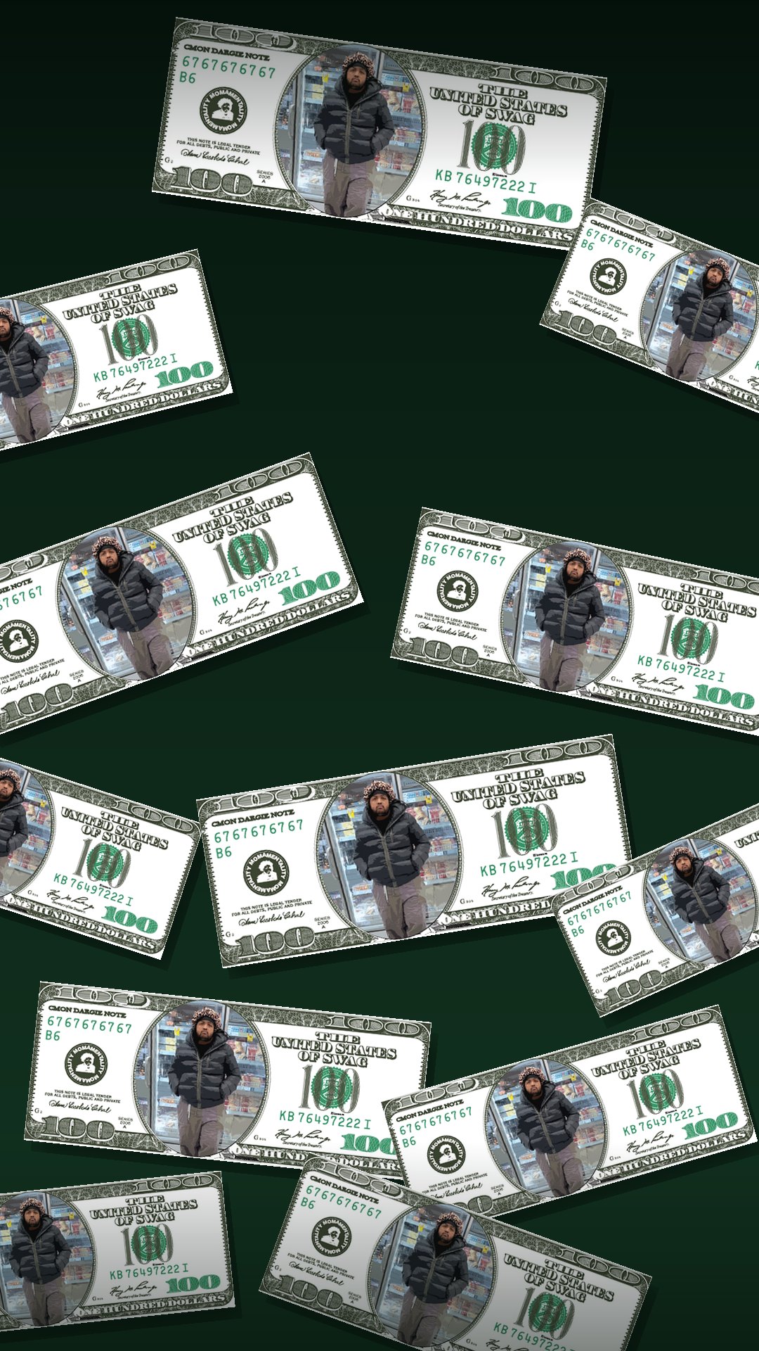 A phone wallpaper made from the actual Mahdi Bucks note — a handful of the real bill scattered across a dark green background