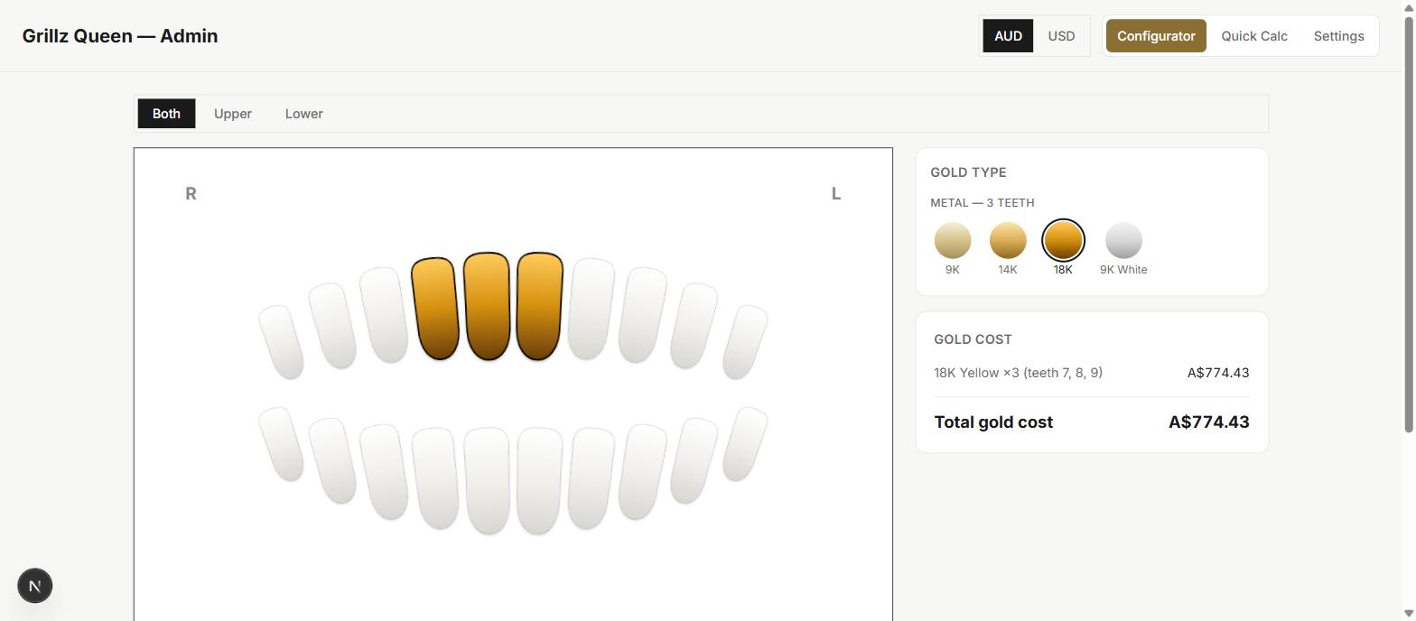 Admin Configurator mode showing the same tooth chart with real computed gold cost