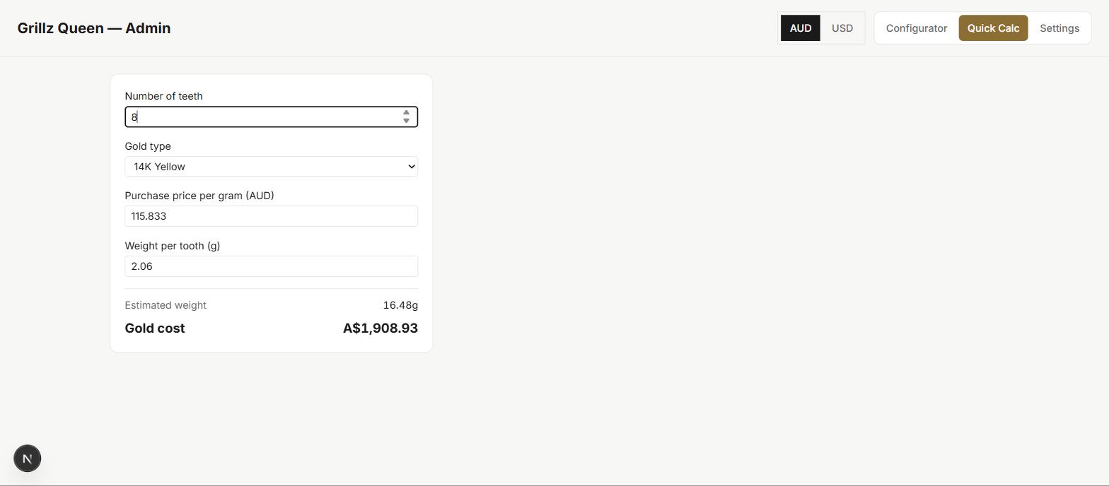 Admin Quick Calc mode computing gold cost from a tooth count and karat